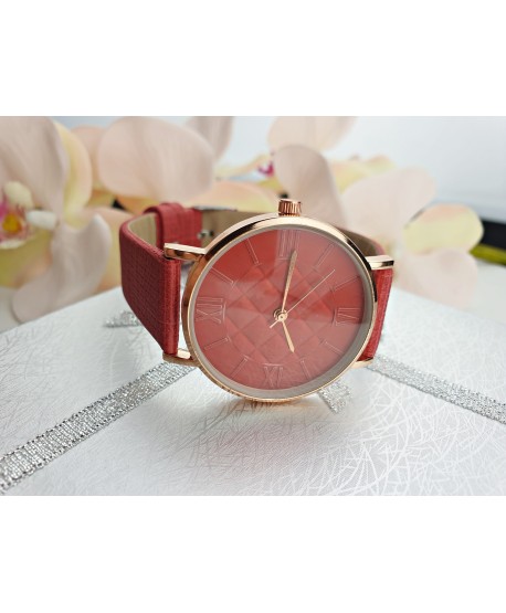 Zegarek damski z tłoczoną tarczą - czerwony