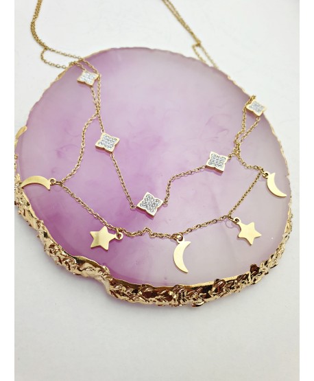 Naszyjnik stal złoty kaskadowy z błyszczącymi elementami