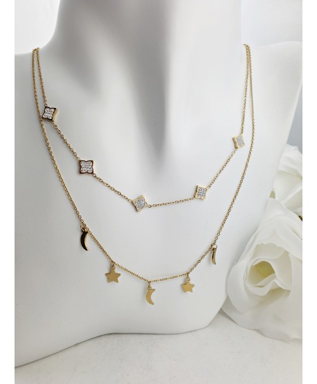 Naszyjnik stal złoty kaskadowy z błyszczącymi elementami