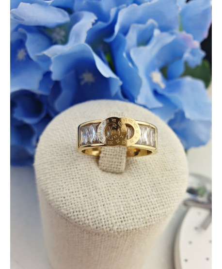 Pierścionek pozłacany kryształki cyfry rzymskie