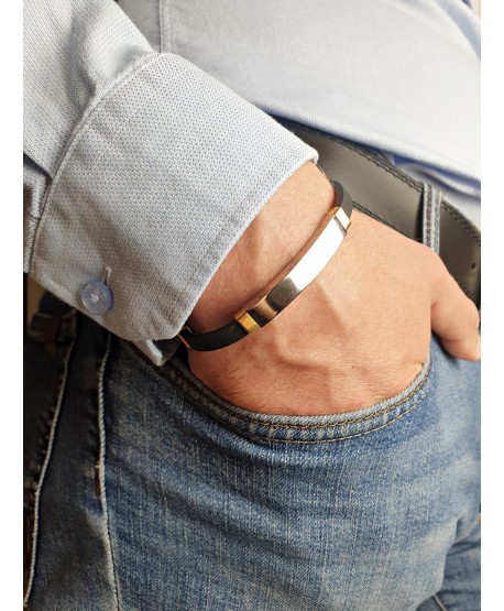 Bransoletka męska ze srebrną blaszką z dodatkiem złota