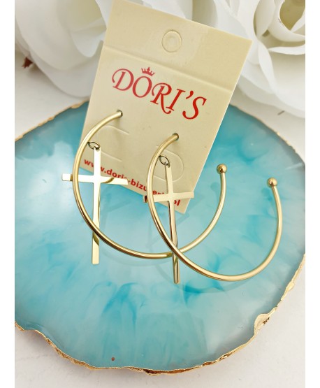 Kolczyki stal złote koła z krzyżami